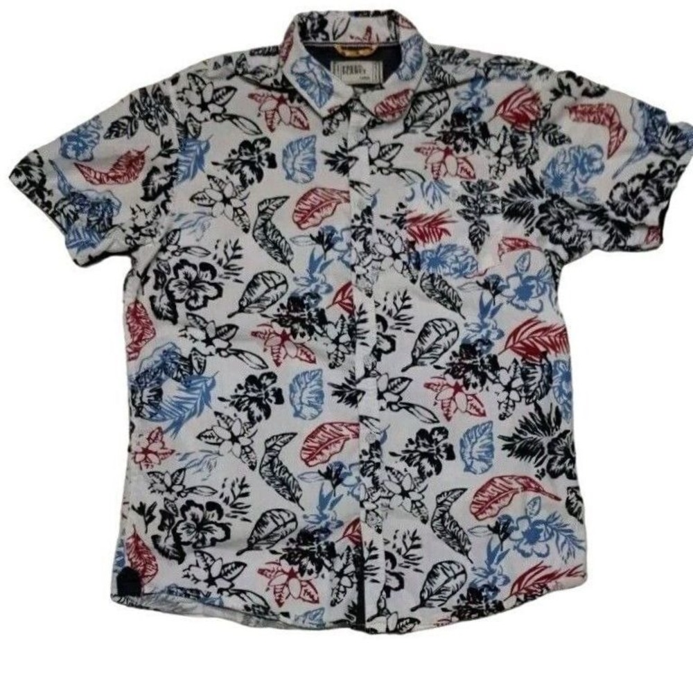 Free Planet Floral Print Button Up Short‎ Sleeve Casual Shirt Large